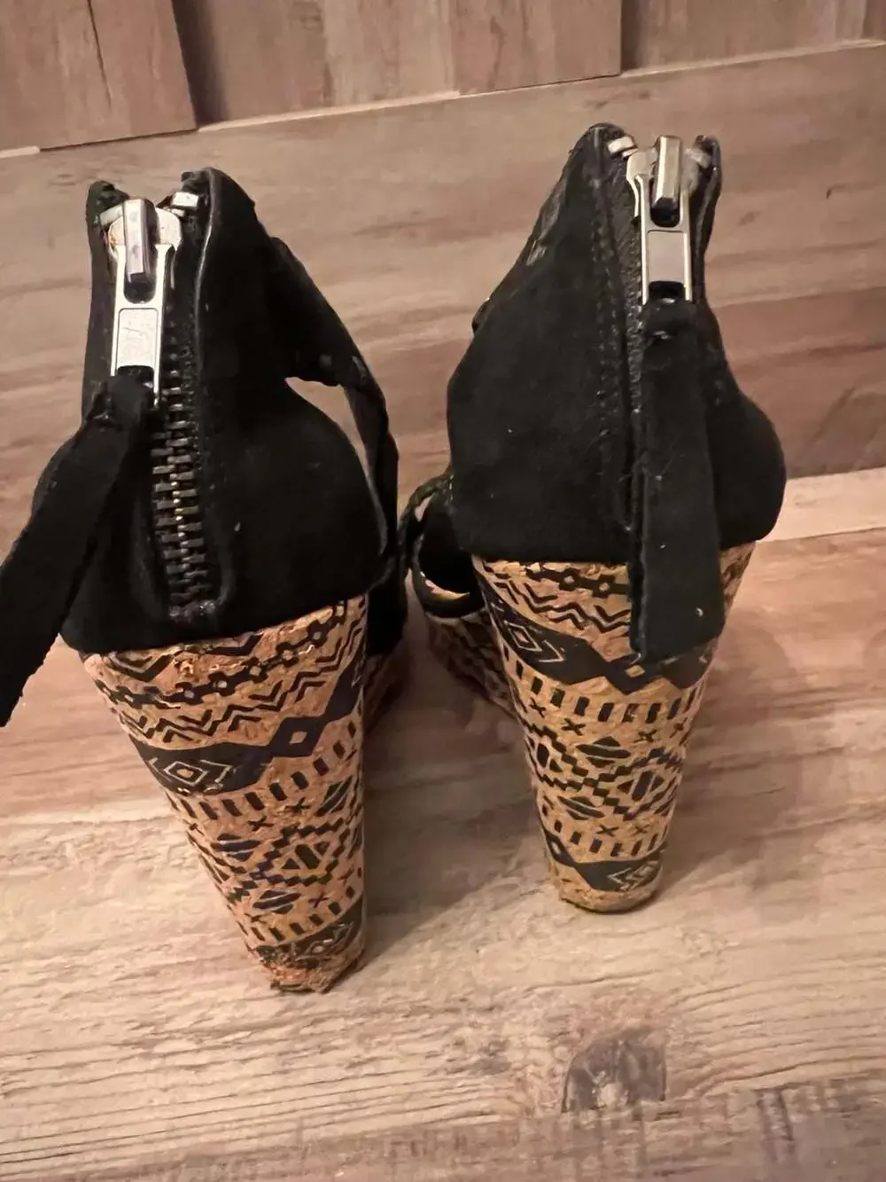 Not Rated Black Suede Wedge Sandals with Geometric Pattern